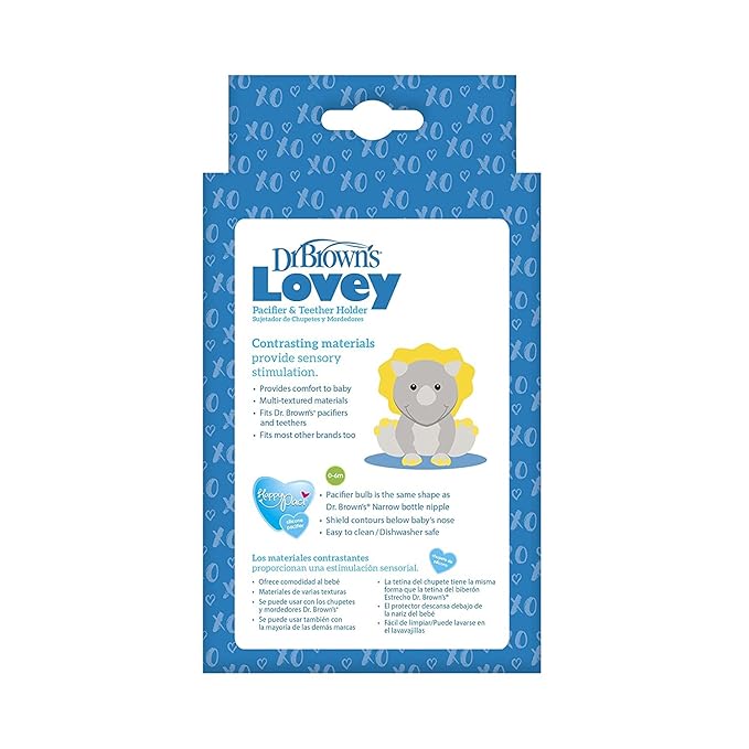 Dr. Brown's Natural Flow® Anti-Colic Options+™ Wide-Neck Baby Bottle, Dino Design, 9oz/270mL, Level 1 Nipple, 2-Pack, 0m+ with Lovey Pacifier Holder with Silicone HappyPaci, Triceratops, 0-12m