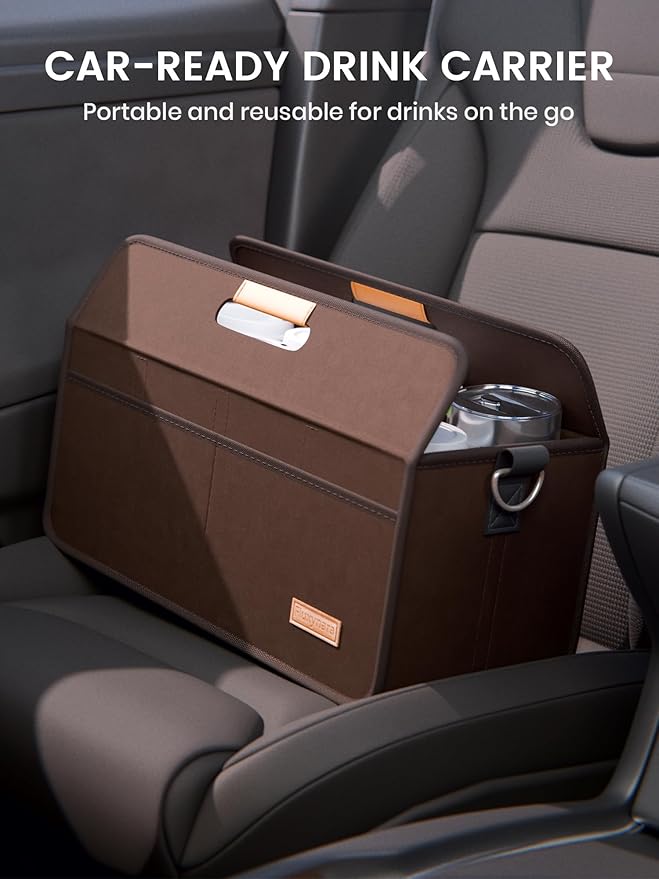 Fluxynara 8-Cup Reusable Felt Drink Carrier with Handle and Adjustable Shoulder Strap, Drink Holder for Car, Multi-Cup Drink Carrier Bag for Delivery, Travel, Picnics (Coffee Brown)