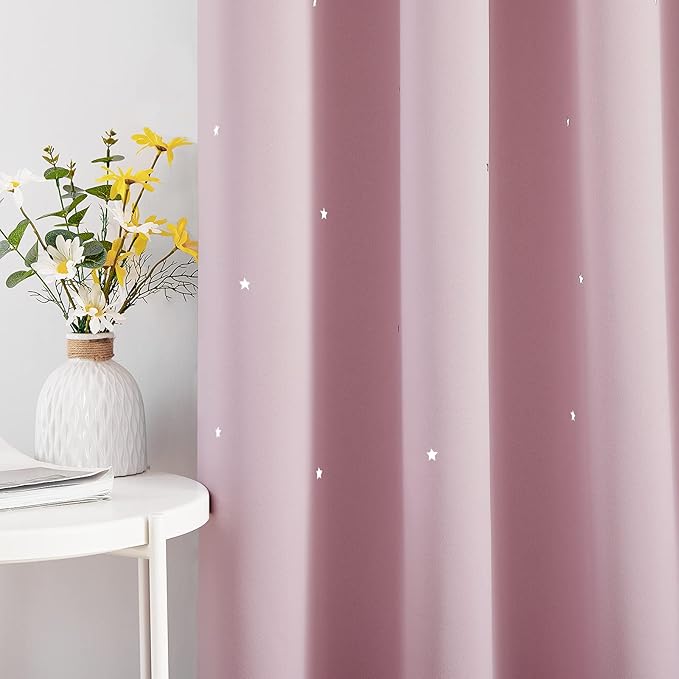 NICETOWN Pink Star Cutout Curtains for Girls' Bedroom, Room Darkening Cute Window Decorative Blackout Curtain Sold as 2 Panels (Baby Pink, 34 inches by 45 inches)