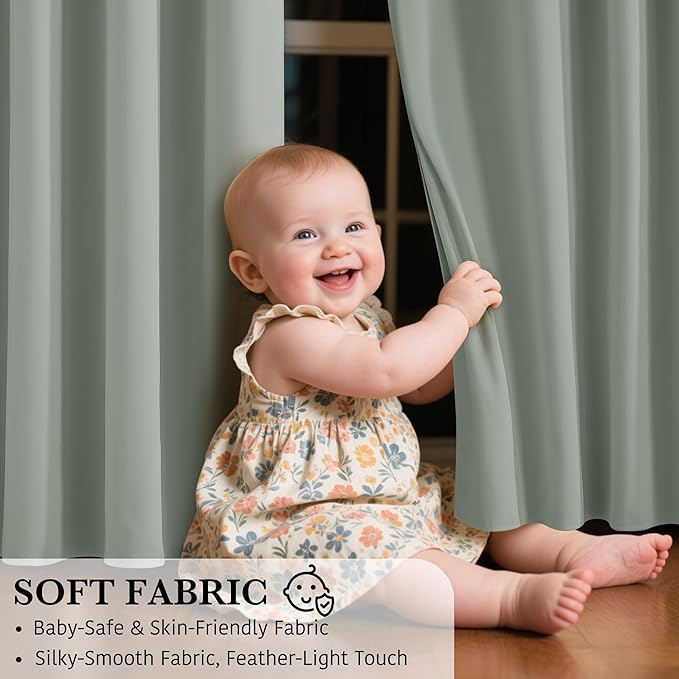 RYB HOME 100% Blackout Sage Green Curtains 84 inches Length, Temperature Balance Total Room Darkening Noise Reducing Curtains for Bedroom Living Room, 52 inches Wide by 84 inches Long
