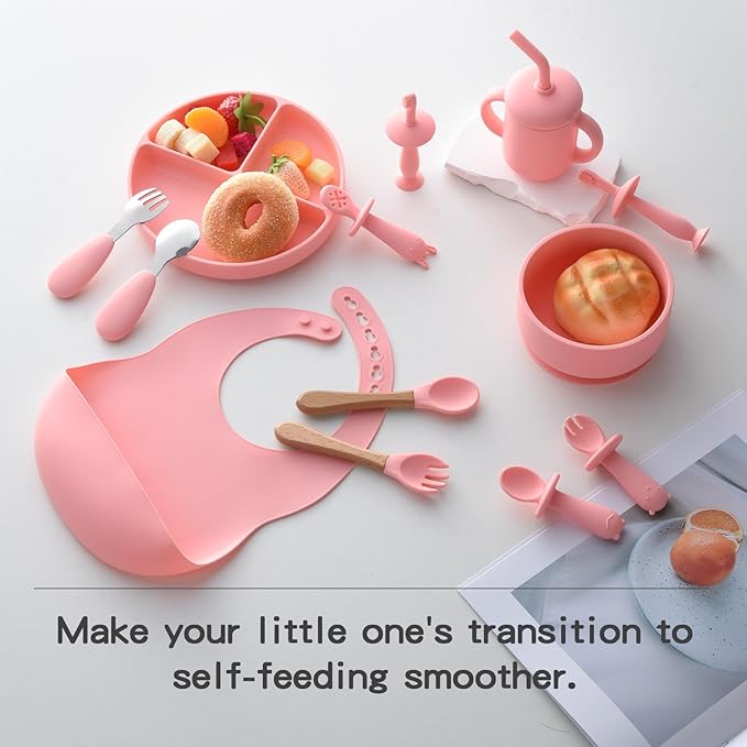 Silicone Baby Feeding Set - 13PCS Essentials With Suction Bowl, Plate, Spoons, Forks, Bib, Cup, Toothbrush - Led Weaning Supplies for 6+ Months Eating (Pink)