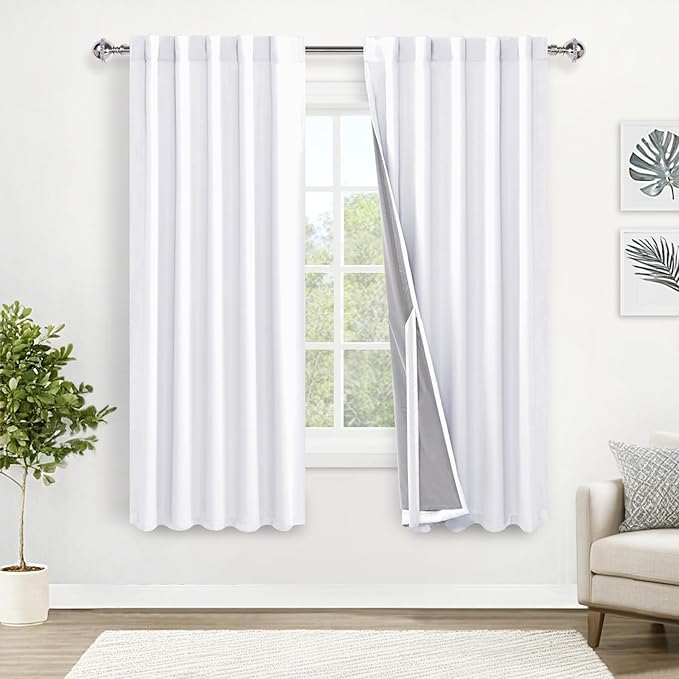 XWZO 100% Blackout Curtain Panels - Thermal Insulated Rod Pocket & Back Tab Curtains, Noise Reducing and Heat Blocking Drapes for Hall and Studio Windows with Tiebacks, White, W42 x L72, Set of 2