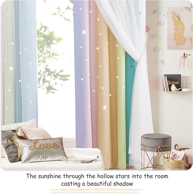 NICETOWN Rainbow Curtains for Baby, Kids Room Decor for Girls, Starry Drapes Overlapped with Tulle, Romantic Princess Decor for Girls (1 Pair = 104 inches Wide, Rainbow-3, 4 Tiebacks Included)
