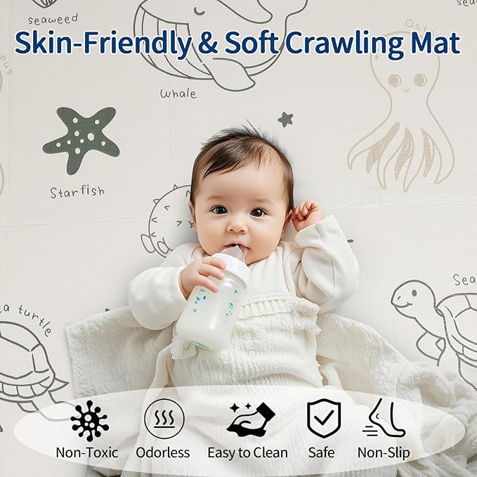Foldable Baby Play Mat Foam, 79x71 Inch Thick 0.8 Inch XPE Waterproof Playmat, Extra Large Crawling Floor Foam Mats for Kids Infant Training Non-Slip Reversible