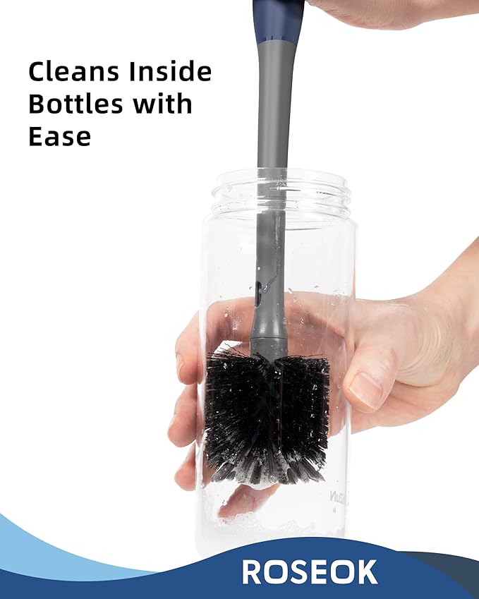 ROSEOK 2 in 1 Long Handle Bottle Brush with Straw Brush for Cleaning Glass, Sports Bottle, Coffee Mug, Gray, 1 Pack