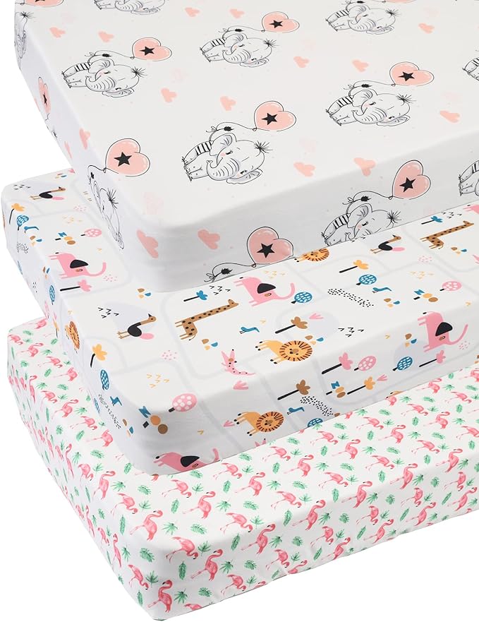 Pack n Play Sheet Stretchy Fitted Portable Mini Crib Sheets Set 3 Pack,Playard Sheets Convertible Playard Mattress Cover,Ultra Soft Jersey Material,Flamingo Elephant & Lion