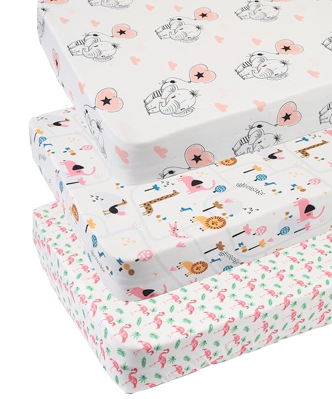 Tontukatu Changing Pad Cover Set 3 Pack Jersey Knit Ultra Soft for Baby Boys Girls Flamingo Elephant & Lion