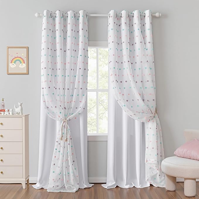 MYSKY HOME 90 Inches Long White Curtains with Rainbow Pom Pom Sheer for Living Room Nursery Curtain Girl Kids Bedroom Double Layer Room Darkening Window Panels for Toddler Grommet, 52" Wide, 2 Pieces