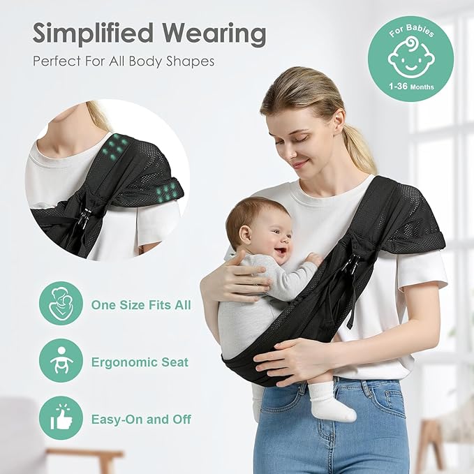Baby Sling Carrier, Toddler Sling Carrier with Wide Shoulder Strap, Lightweight Baby Carriers Newborn to Toddler Infant Wrap Carriers Perfect for Mom and Dad, 7-30lbs, Black Mesh