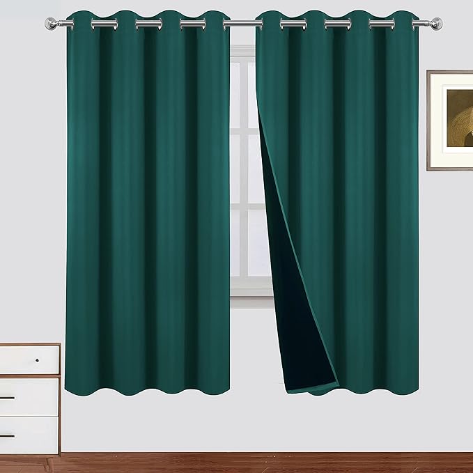 LEMOMO 100% Blackout Curtains 52 x 72 Inch Sea Teal Curtains 2 Panels Darkening Thermal Insulated Bedroom Curtains