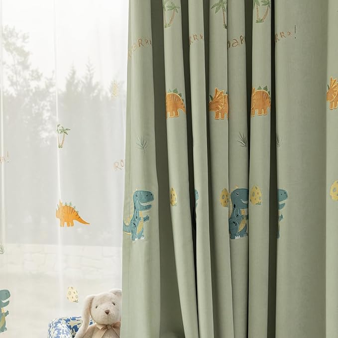 Cartoon Dinosaur Kids Curtains with Blackout Liner Embroidery Nursery Curtains for Children Boys Baby Bedroom Living Room Grommet Top Room Darkening Window Drapes 1 Panel (Green,W78 x L102 Inch)