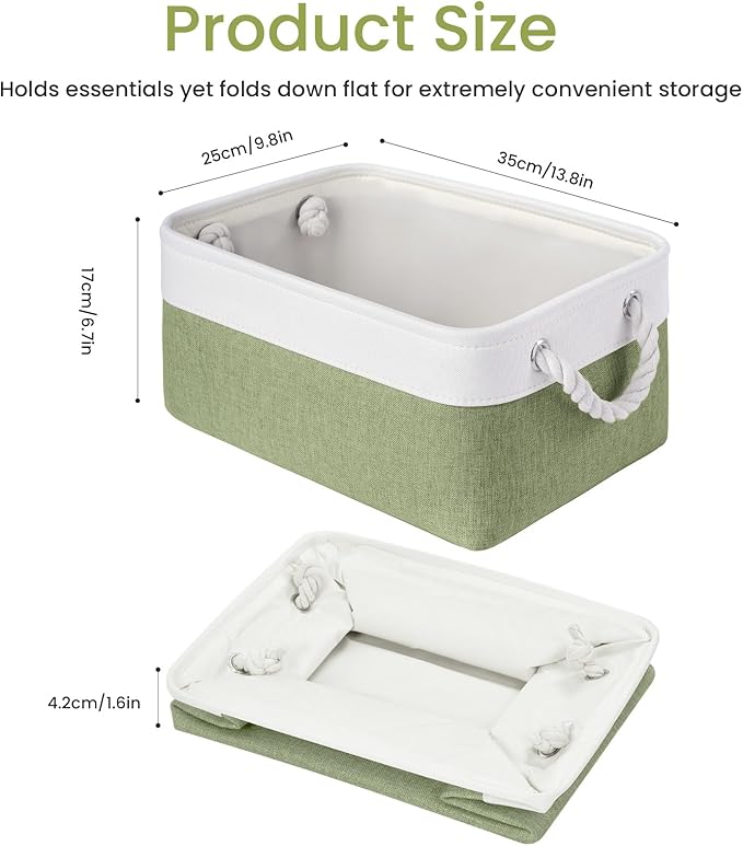 Storage Baskets for Shelves 13.8x9.8x6.7 Inch, Foldable Fabric Storage Bins with Handles, Small Storage Baskets for Organizing Closet, Office, Home Organization (6-Pack, White&Green)