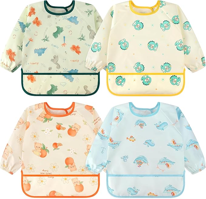 Accmor 4 Pack Long Sleeve Bibs, Baby Smock Waterproof Sleeved Bib Smock for Baby Toddler 6-36 Months