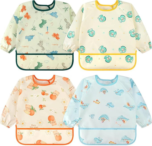 Accmor 4 Pack Long Sleeve Bibs, Baby Smock Waterproof Sleeved Bib Smock for Baby Toddler 6-36 Months