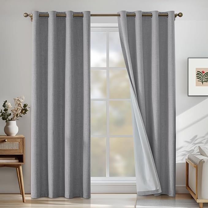 Linen 100% Blackout Curtains for Bedroom, Blackout Curtains 63 Inch Length, Room Darkening Curtains for Living Room, Long Curtain Grommets Drapes, Thermal Curtains(2 Panels, Light Grey)