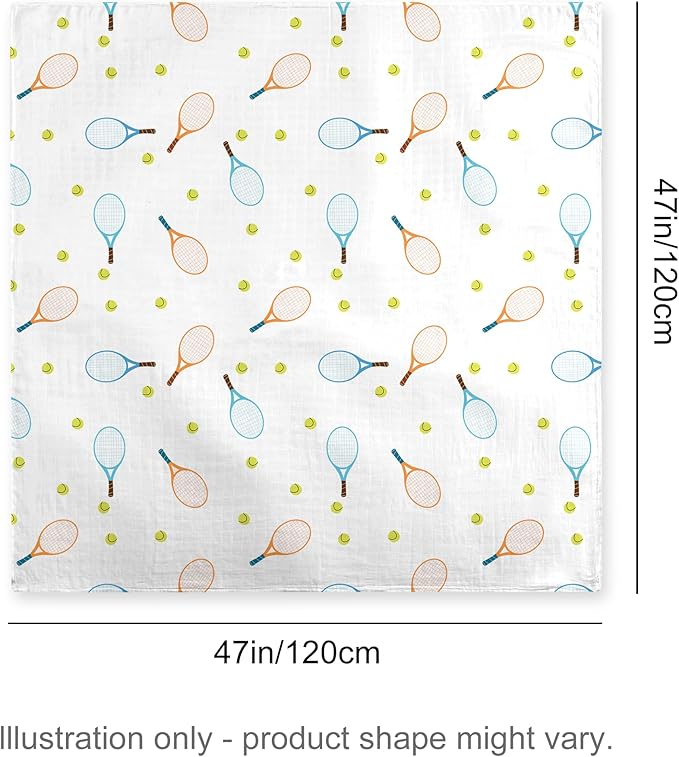 70% Rayon Made from Bamboo 30% Cotton Muslin Swaddle Blanket, 47 x 47 Inches, Tennis Print Baby Receiving Blanket, Soft and Breathable, Unisex, 2 Pack