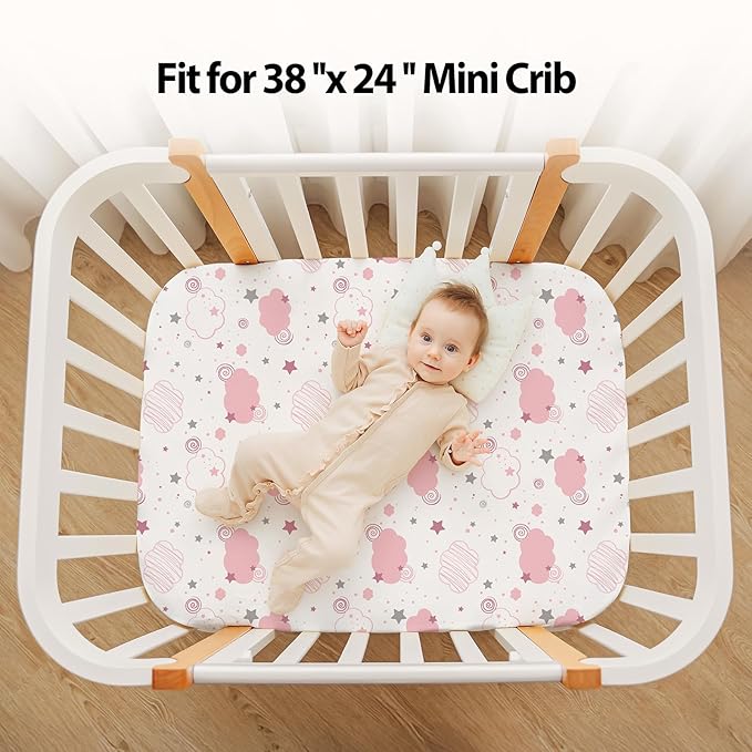 Baby Mini Crib Sheets Girl, Portable 38”x26” Pack and Play Sheets Fitted for Playard and Pack N Play Mattress, 3-Pack Soft Microfiber Pink Rainbow