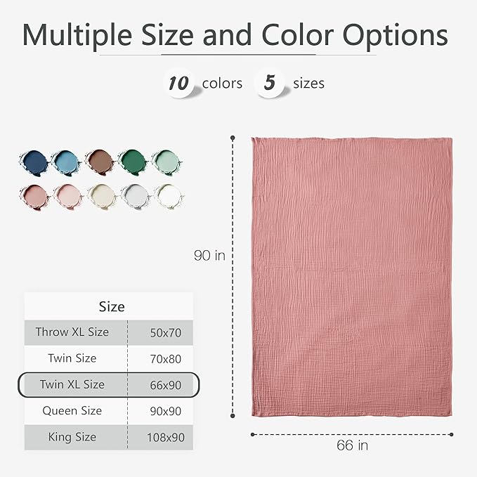 Carriediosa 100% Cotton Muslin Throw Blanket 66" X 90" Twin XL Size，4-Layers Summer Gauze Throws for Bed Couch，Soft Lightweight Breathable Linen Blankets Bedspread for Adults All Season，Mauve