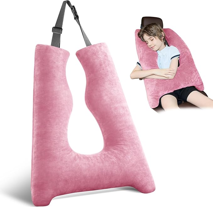 Car Pillow for Kids Travel Pillow with Adjustable Strap, Kids Floor Pillows Cushions for Adults and Children to Support Head and Body Road Trip Essentials (Pink)