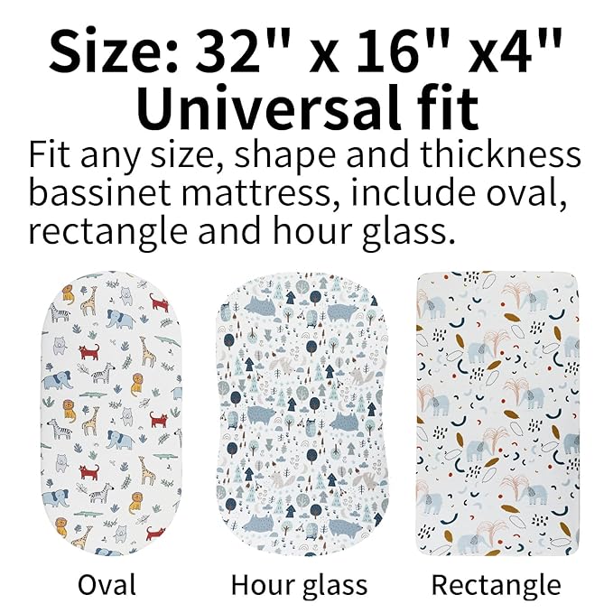 Onacosht Bassinet Sheets 3 Pack for Baby Boy and Girl, Soft Stretchy Universal Fitted Sheet Set for Oval Rectangle Hourglass Bassinet Mattress, Elephant Fox Lion Bear Giraffe Zebra Printing