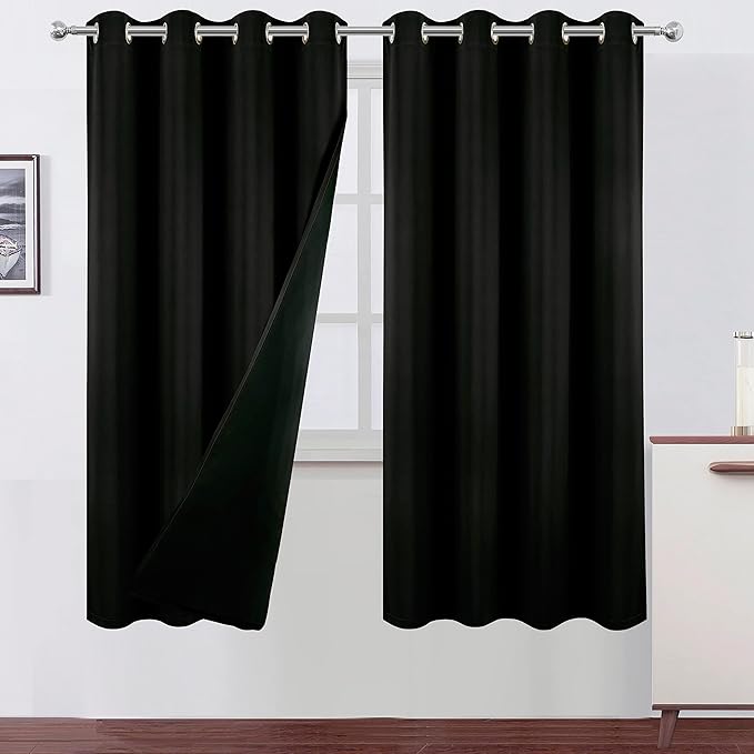 LEMOMO 100% Blackout Curtains 52 x 72 Inch/Black Curtains 2 Panels with Black Lining Room Darkening Thermal Insulated Bedroom Curtains