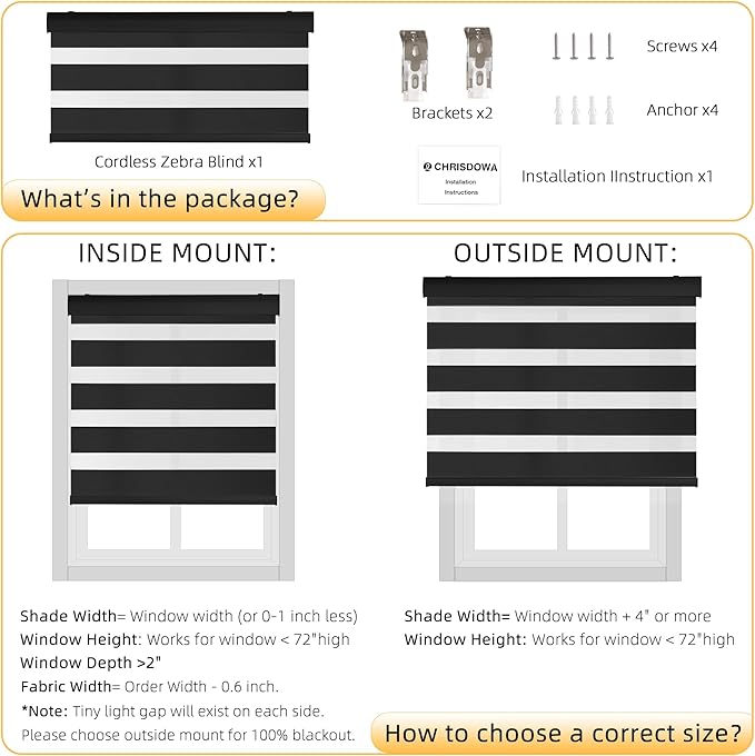 ChrisDowa Cordless Zebra Blinds for Windows, Dual Layer Free-Stop Light Filtering Window Roller Shades, Pull Down Privacy Zebra Shades for Home, Office, Bedroom, Door (71" W x 72" H, Black)