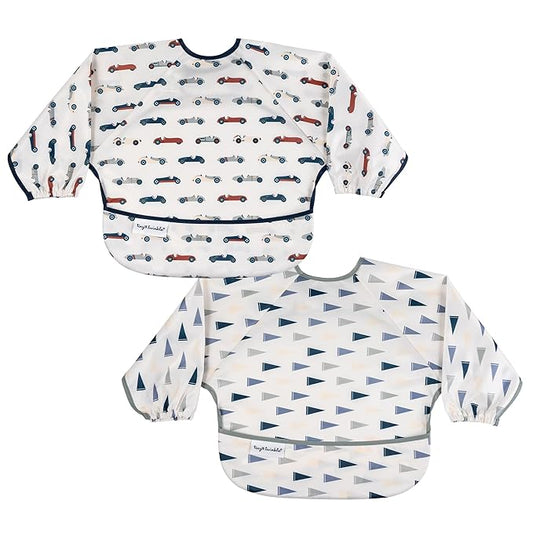 Tiny Twinkle Long Sleeve Bib for Babies & Toddlers | 2-Pack Waterproof Smock Bib for Eating | Machine Washable & Mess-Proof Feeding Essentials | Newborn Shower Gift (Cars,Flags,6-24M)