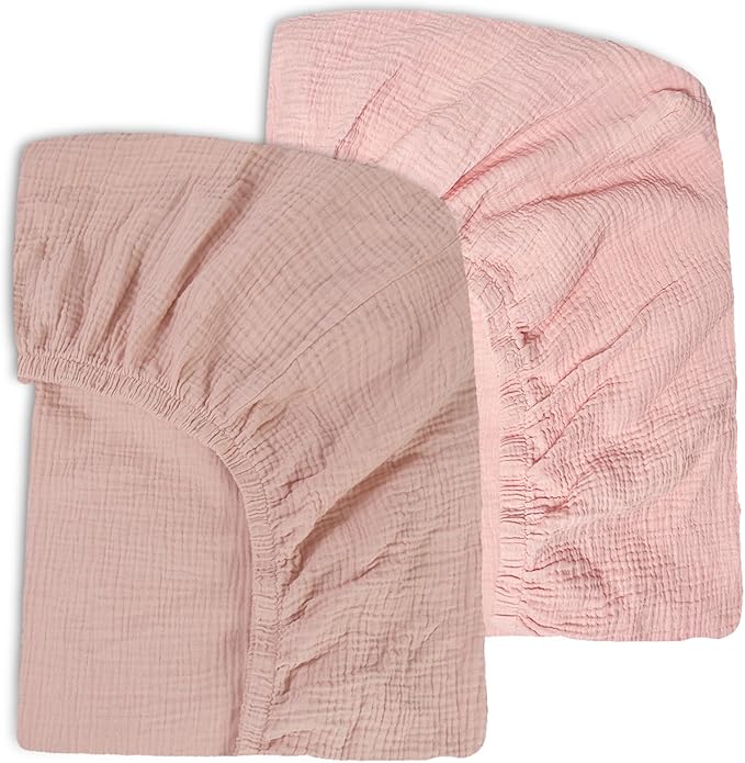 Ultra Soft Muslin Crib Sheets for Baby, Premium Breathable Organic Cotton Crib Fitted Sheet for 52’’x28’’Standard Crib and Toddler Mattress,2 Pack Pink&Coral