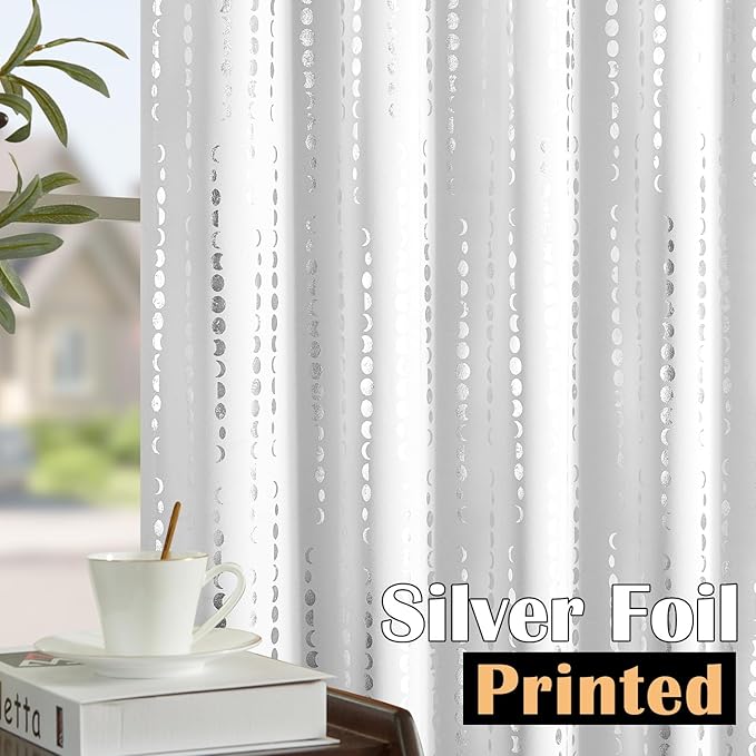 jinchan 95% Blackout Bohemian Moon Phase Print Bedroom Curtains 90 Inch Length 2 Panels Silver Curtain on White Background Pole Mouth Rear Label Thermal Curtains for Nursery