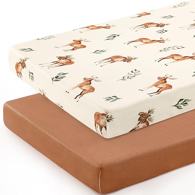 GRSSDER Stretchy Ultra Soft Jersey Knit Pack and Play Sheets 2 Pack, Portable/Mini Crib Sheets Universal Fitted for Playpen Mattress Safe and Snug, Elk Print