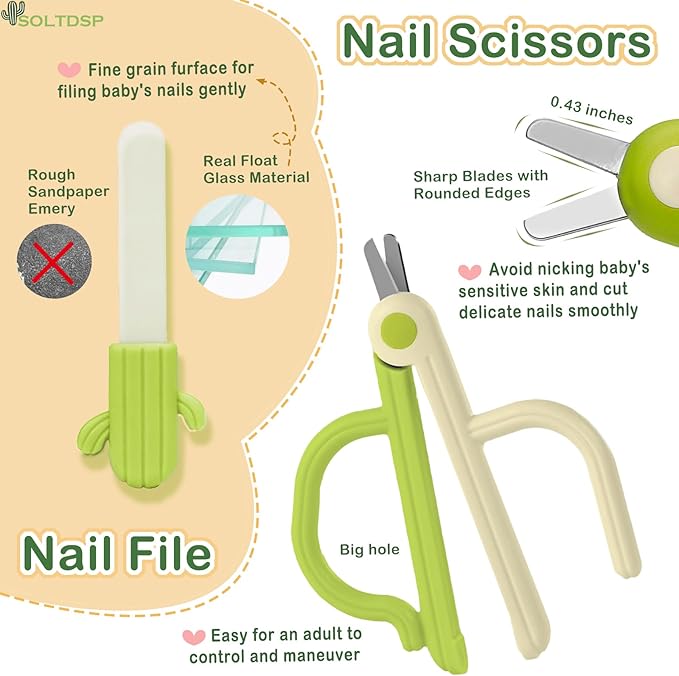 5-in-1 Baby Nail Kit with Storage Case, Cactus Theme Design Including Baby Nail Clippers, Nail Scissors, Nail File, Tweezers & Nose Picker, Newborn Essentials Must Haves for Baby Shower(Green)