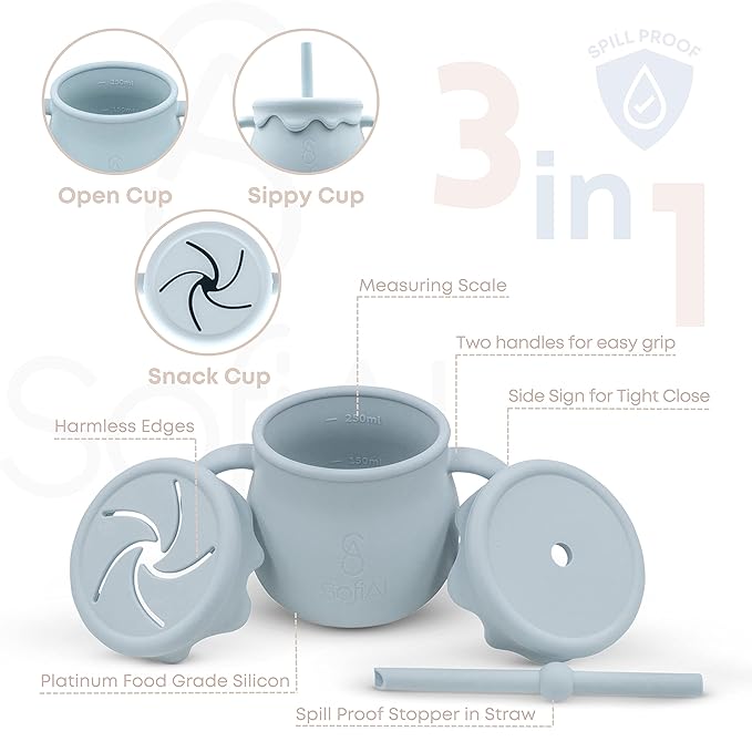 SofiAl All In One Silicone Feeding Set - Safe for 6-12 Months - Non-Toxic Baby Led Weaning Supplies - Toddler Self Feeding Utensils - BPA-Free - Mess Free Essentials