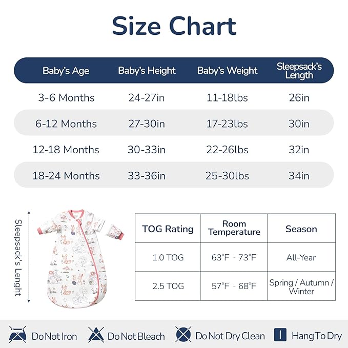 Baby Sleep Sack 12–18 Months, Cotton Sleep Sack with Detachable Long Sleeves, 1.0 TOG Wearable Blanket for Cooler Nights, 2-Way Zipper Toddler Sleeping Sack with Temperature Strip, Bunny