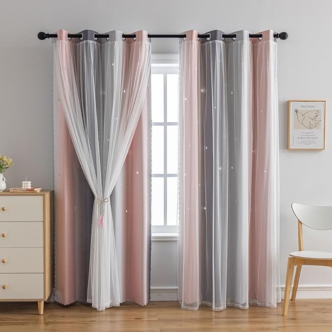 Star Girl and Kids Curtains for Bedroom Rainbow Ombre Double Layer Cute Shot Nursery Darkening Grommet Princess Room Décor 2 Panels Living Room Window Curtain (Pink Grey52W x 95L)