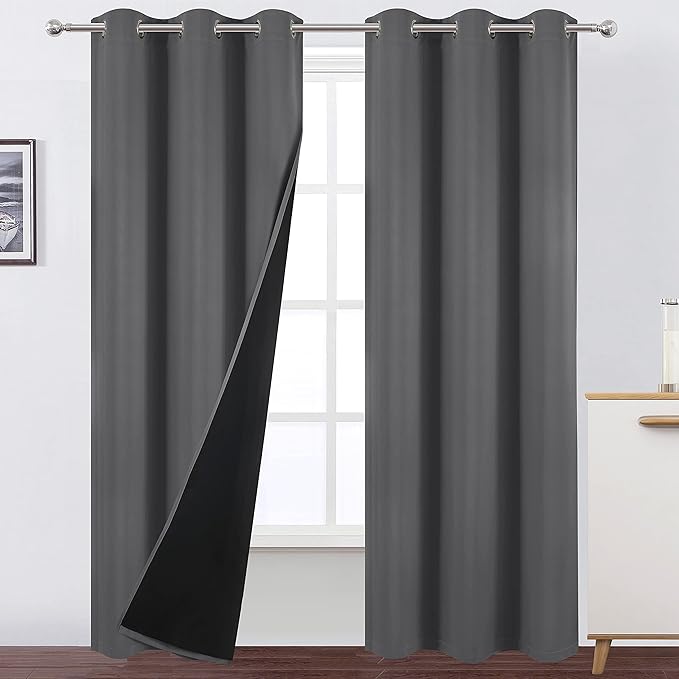 LEMOMO 100% Blackout Curtains 40 x 84 Inch/Frost Grey Curtains 2 Panels with Black Lining Room Darkening Thermal Insulated Bedroom Curtains