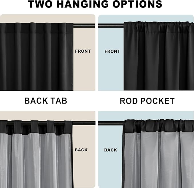 XWZO 100% Blackout Curtains 95 Inches Long with Tiebacks- Privacy Protection & Noise Blocking Window Draperies with Black Liner for Bedroom, Black, Rod Pocket/Back Tab, W52 x L95, Set of 2
