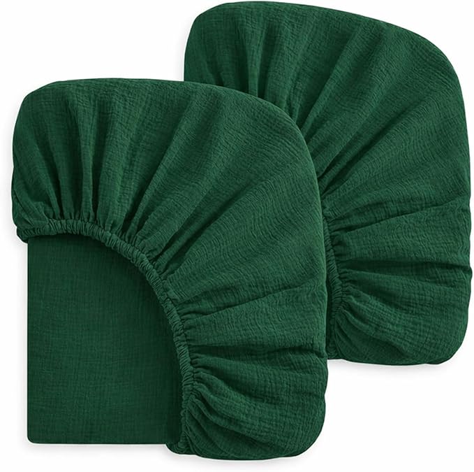PET REJOIR 2 Pack Emerald Green Muslin Crib Sheets for Boys & Girl- Neutral Breathable Cotton Crib Mattress Sheets Fitted for Standard 28"x 52"- Nursery Décor No Slip Bed Sheets