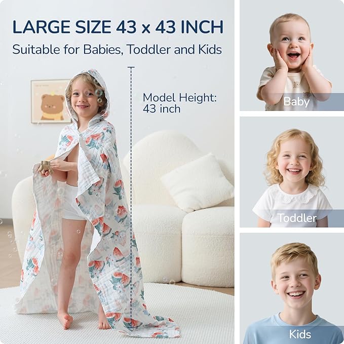 Toddler Hooded Bath Towels,100% Cotton Muslin Baby Towels for Boys Girls,Ultra Soft & Absorbent Quick Dry Kids Towel for Beach,Pool,Bathroom,Large 43x43 Inch