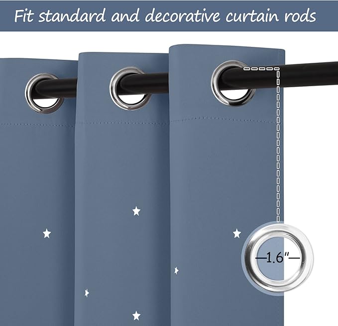 NICETOWN Stone Blue Nursery Curtains with Cut Out Stars, Room Darkening Kids Curtains for Small Window Decor, Grommet Thermal Insulated Short Drapes, 2 Panels, 52 x 84 Inch