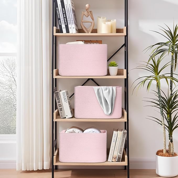 Woven Storage Baskets, Pink Baskets for Organizing, 3 Pack Woven Basket for Storage, Storage Baskets for Shelf, Towel, Toy, Book, Closet, Baby 15"×10"×9"
