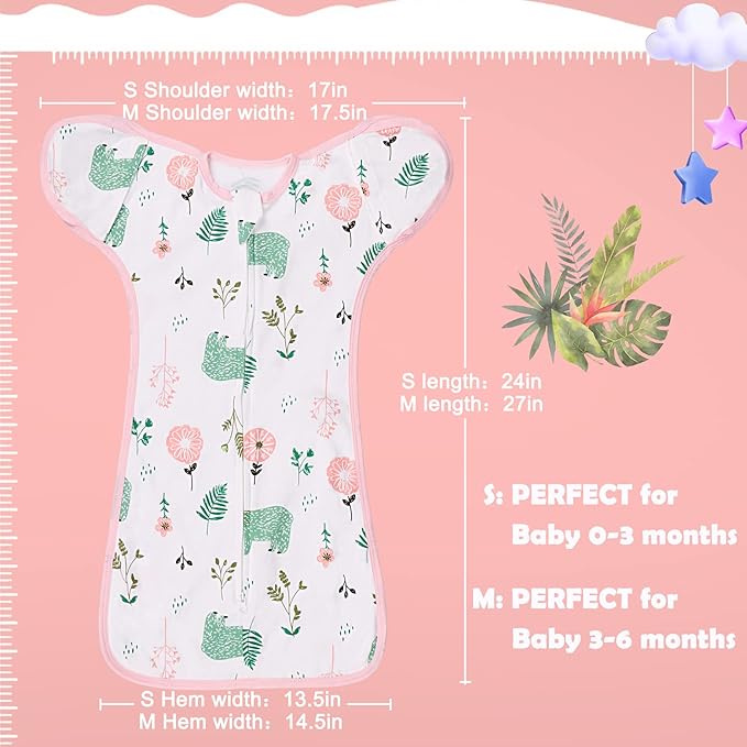 2 Pack Transition Swaddle with 2 Way Zipper, 2 in 1 Arms in/Out Transitional Arms Up Swaddle, 100% Cotton Newborn Swaddles Zipper Swaddles Baby Swaddling Sack Sleep Sack 0-3 Months, Flamingo & Bear