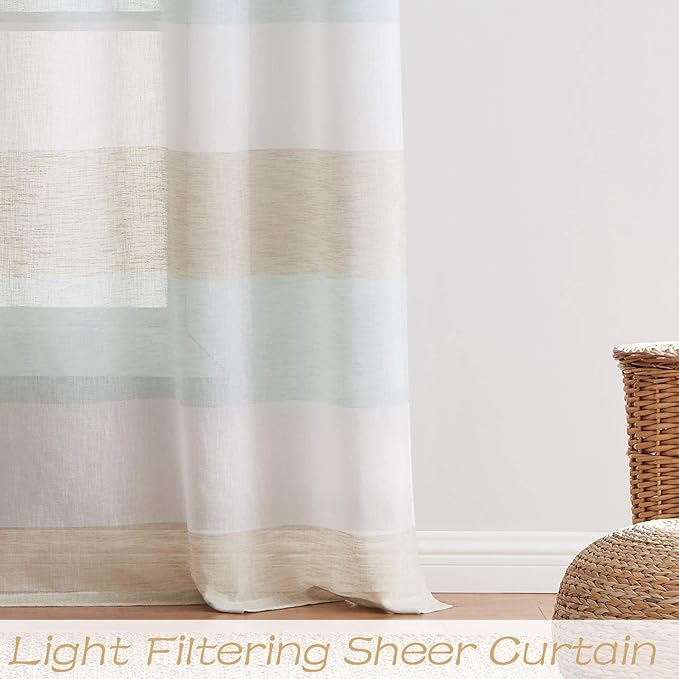 Central Park Tan and Spa Blue Stripe Sheer Color Block Window Curtain Panel Linen Window Treatment for Bedroom Living Room Farmhouse 95 inches Long Rod Pocket, 2 Panel Rustic Drapes, 40"x95"x2