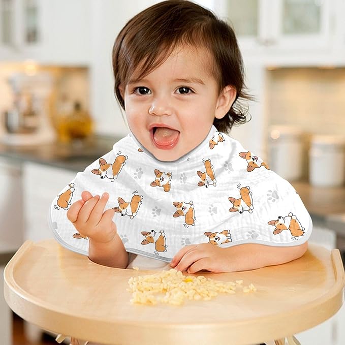 1 Pack Muslin Burp Cloths Cute Corgi Dogs White Cotton Baby Burp Cloths Ultra Absorbent Soft Burping Cloth Washcloths for Newborn Babies 22x11 Inch
