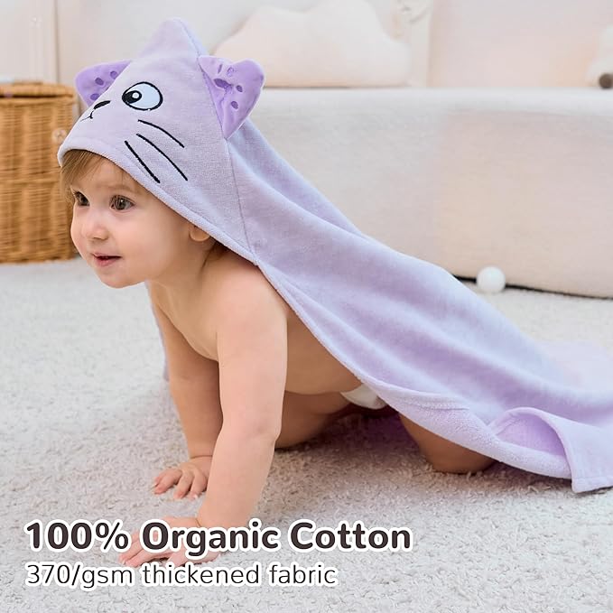 Viviland 2 Pack Hooded Baby Towels, Soft 100% Cotton Baby Bath Towels with Hood, Extra Thick and Absorbent, Essential for Newborns, Kids, Infants - Girls and Boys (Cat & Rabbit)