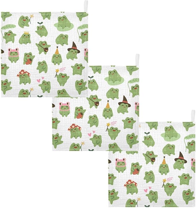 Cute Toads Frogs Baby Muslin Washcloths Soft Face Towel for Newborns, 11.8 X 11.8 Inch, 3 Pack
