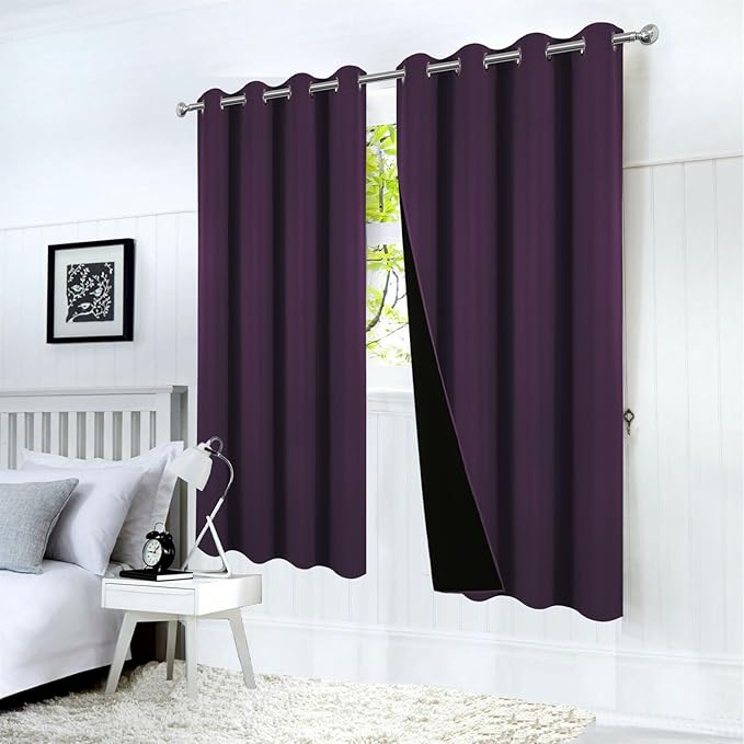 LEMOMO 100% Blackout Curtains 52 x 63 Inch Purple Curtains 2 Panels Darkening Thermal Insulated Bedroom Curtains