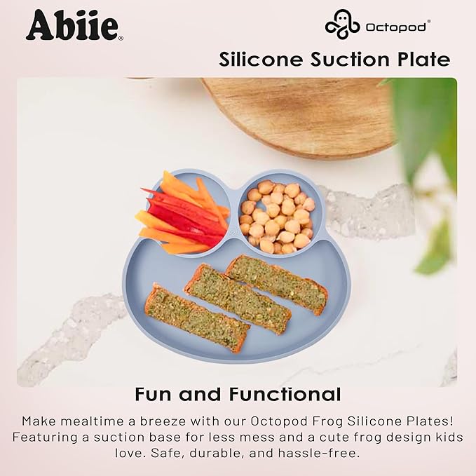 Abiie Octopod Frog Silicone Plates with Suction - Spill Proof, Easy to Clean - BPA-Free Bowl - Suction Plates for Baby and Toddler - Training & Feeding Divided Grip Dish (Pastel Yellow)