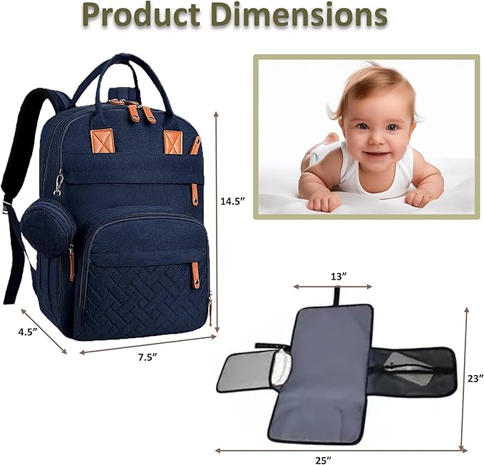 Baby Diaper Bag Backpack - Large Sturdy Bag for Boys & Girls, Changing Pad & Pacifier Case, Large Capacity, Insulated Pockets, Waterproof, Stroller Straps & Carry-on Straps, Unisex - Navy Blue