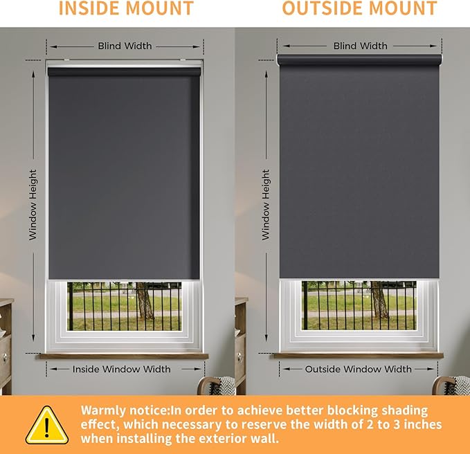 Cordless Roller Shades Blackout Blinds for Windows Room Darkening Rolled Up Shades with Spring System, UV Protection Window Shades Door Blinds for Home and Office (Grey, 23" W x 72" H)