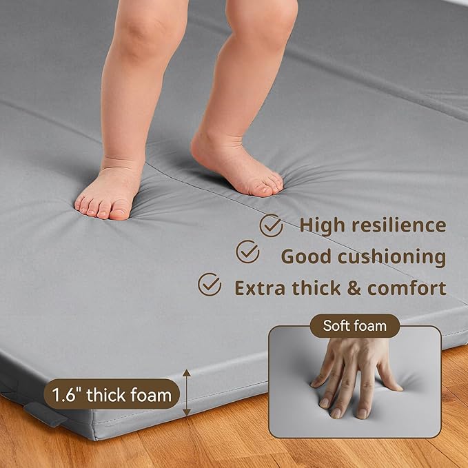Baby Play Mat, 48 x 48 Inch Foldable PU Leather Waterproof Playpen Mat, 1.6" Extra Thick Foam Floor Mat for Infants and Toddlers, Non-slip Toddler Activity Playmat Cushion, Light Grey